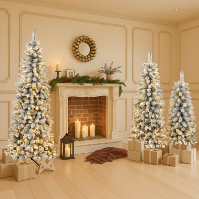 Whisen 3-Piece Pre-Lit Snow-Flocked Artificial Christmas Tree with Warm White LED Lights and Three Different Size (4ft/5ft/6ft) - White
