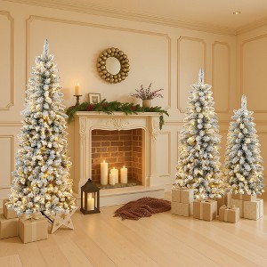 Whisen 3-Piece Pre-Lit Snow-Flocked Artificial Christmas Tree with Warm White LED Lights and Three Different Size (4ft/5ft/6ft) - White - 1 of 4