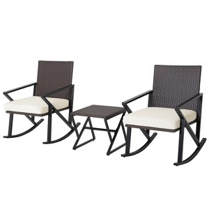 Tangkula Set of 3 Rattan Wicker Rocking Chairs Table Bistro Set Cushioned Rocker Patio - 1 of 4