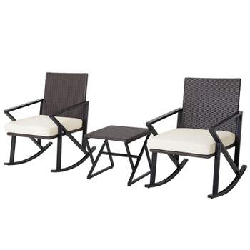 Tangkula Set of 3 Rattan Wicker Rocking Chairs Table Bistro Set Cushioned Rocker Patio