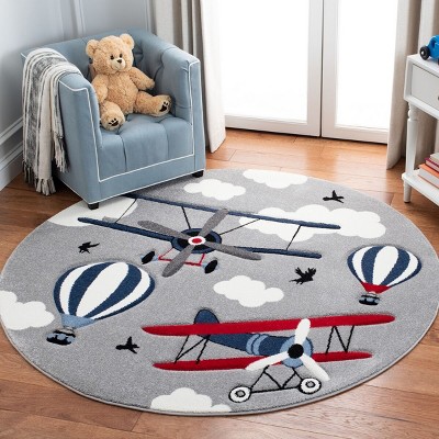 Playful Carousel 5'3" Round Light Grey & Red Kids Area Rug