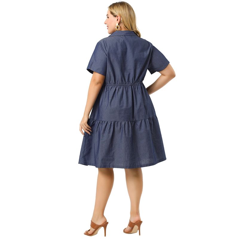 Agnes Orinda Women's Plus Size Babydoll Half Placket Elastic Back Button Chambray Shirt Dresses, 5 of 7