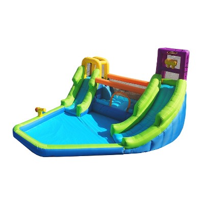 Magic Time International MTI 91450 Double River Backyard Inflatable Safety Mesh Bounce House & Water Park w/ 2 Slides Auto Dump Bucket & Soak Blaster