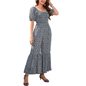 Clearlove Summer Jumpsuits for Women 2025 Floral Dressy Casual Loose Wide Leg Short Sleeve One Piece Romper Outfits - 1 of 4