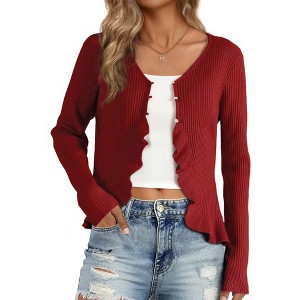 Allegra K Women's Long Sleeve Buttons Stretchy Ruffle V Neck Sweater Cardigan - 1 of 4