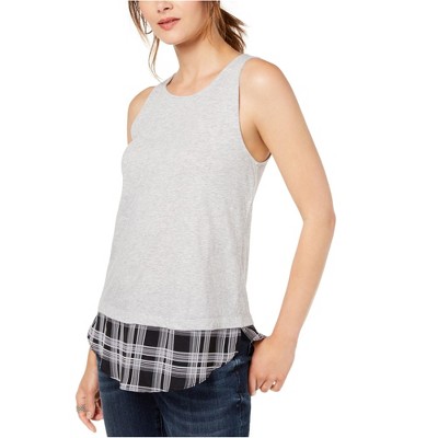 I.N.C International Concepts Womens Plaid Layered Look Tank Top, Grey, X-Small