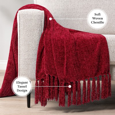 Burgundy Red Chenille Knitted Throw Blanket with Tassel Fringe