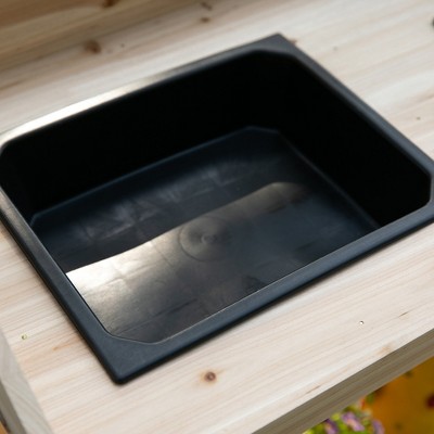 Natural Wood Potting Bench with Sink, Drawer, and Wheels