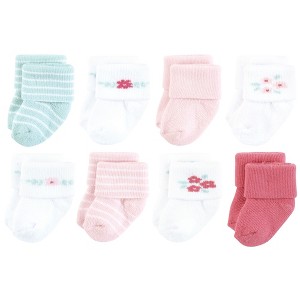 Hudson Baby Infant Girl Cotton Rich Newborn and Terry Socks, Tiny Flowers - 1 of 4