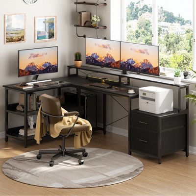 Aheaplus Reversible L-shaped Computer Desk with Drawers, Home Office Desk with Power Outlet and LED Light Strip