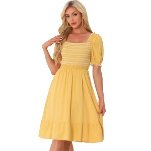 Allegra K Women's Square Neck Puff Short Sleeve Ruffle Summer Smocked Dress - 1 of 4