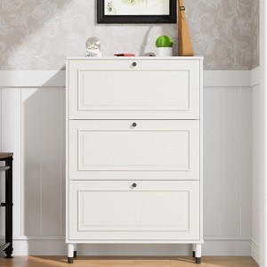 TiramisuBest Narrow Freestanding Shoe Storage Cabinet with 2 Flip Drawers, Natural Wood Legs – 8-16 Pairs Slim Entryway Organizer (Natural+White) - 1 of 4