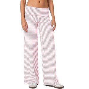 Coolmee Women's Stripe Wide Leg Lounge Long Pants Midweight High Waisted Loose Trousers - 1 of 2