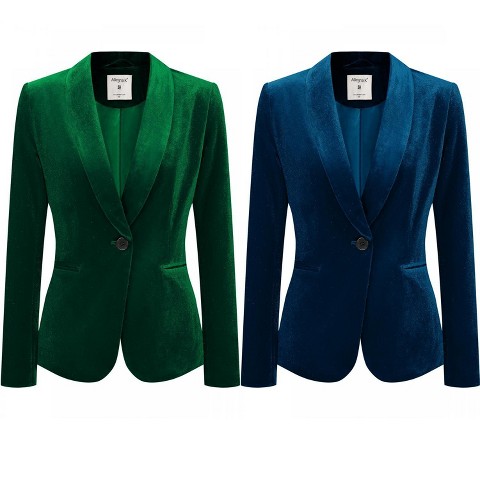 INSPIRE CHIC Women's Christmas Office Solid Shawl Collar Jetted Pockets One Button Velvet Blazer 2 Packs Deep Blue/Green Medium