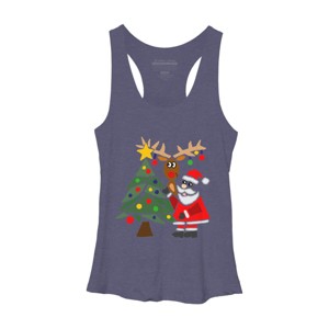 Women's Design By Humans Funny Cute Santa Claus and Christmas Reindeer by Tree By SmileToday Racerback Tank Top - 1 of 3