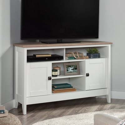 Soft White Corner TV Stand with Cabinet and Oak Top