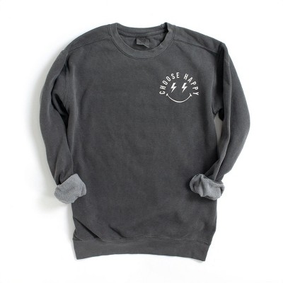 Simply Sage Market Women's  Garment Dyed Graphic Sweatshirt Embroidered Choose Happy Lightning Smiley Face