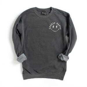 Simply Sage Market Women's  Garment Dyed Graphic Sweatshirt Embroidered Choose Happy Lightning Smiley Face - 1 of 3
