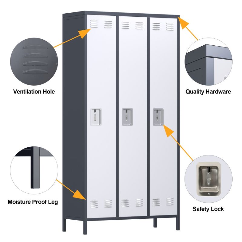 AOBABO 3 Door Steel Storage Cabinet Metal Industrial Locker with 2 Shelves for Employees, School, Office, Gym, or Bedroom, Gray, 5 of 8