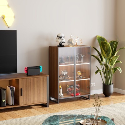 Walnut and Glass Lighted Curio Cabinet with Adjustable Shelves