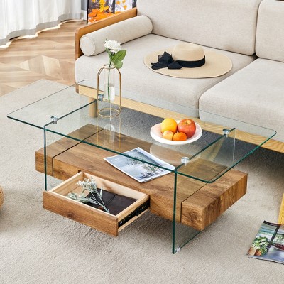 Glass Coffee Table Modern 2-Tier Center Table Cocktail Table Sofa Table Storage Side Table with Drawer, Walnut/White/Black/Natural-ModernLuxe