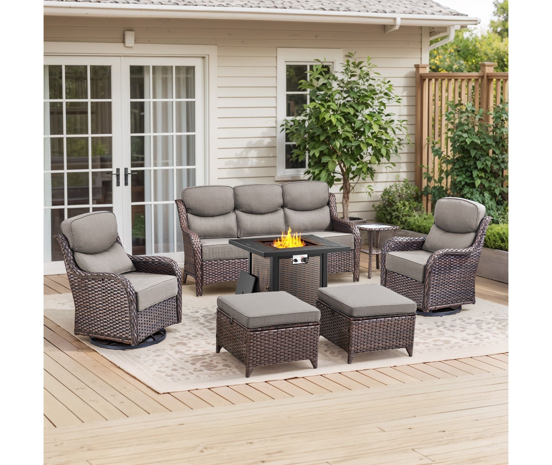 Gymojoy 6/7PCS Outdoor Fire Pit Table with Sofa Swivel Chair 6-inch Thick Cushion Furniture Set