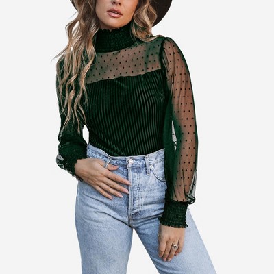 Amaryllis Women’s Sheer Polka Dot High Neck Blouse Pleated Bodice Long Puff Sleeves Smocked Cuffs