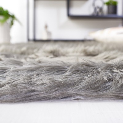 Luxurious Hand-Knotted Dark Gray Faux Sheepskin Rectangular Rug