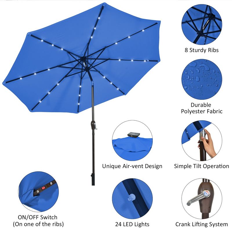Costway 10' Solar LED Lighted Patio Market Umbrella Shade Tilt Adjustment Crank Tan/Beige/Blue/Navy/Burgundy, 4 of 9