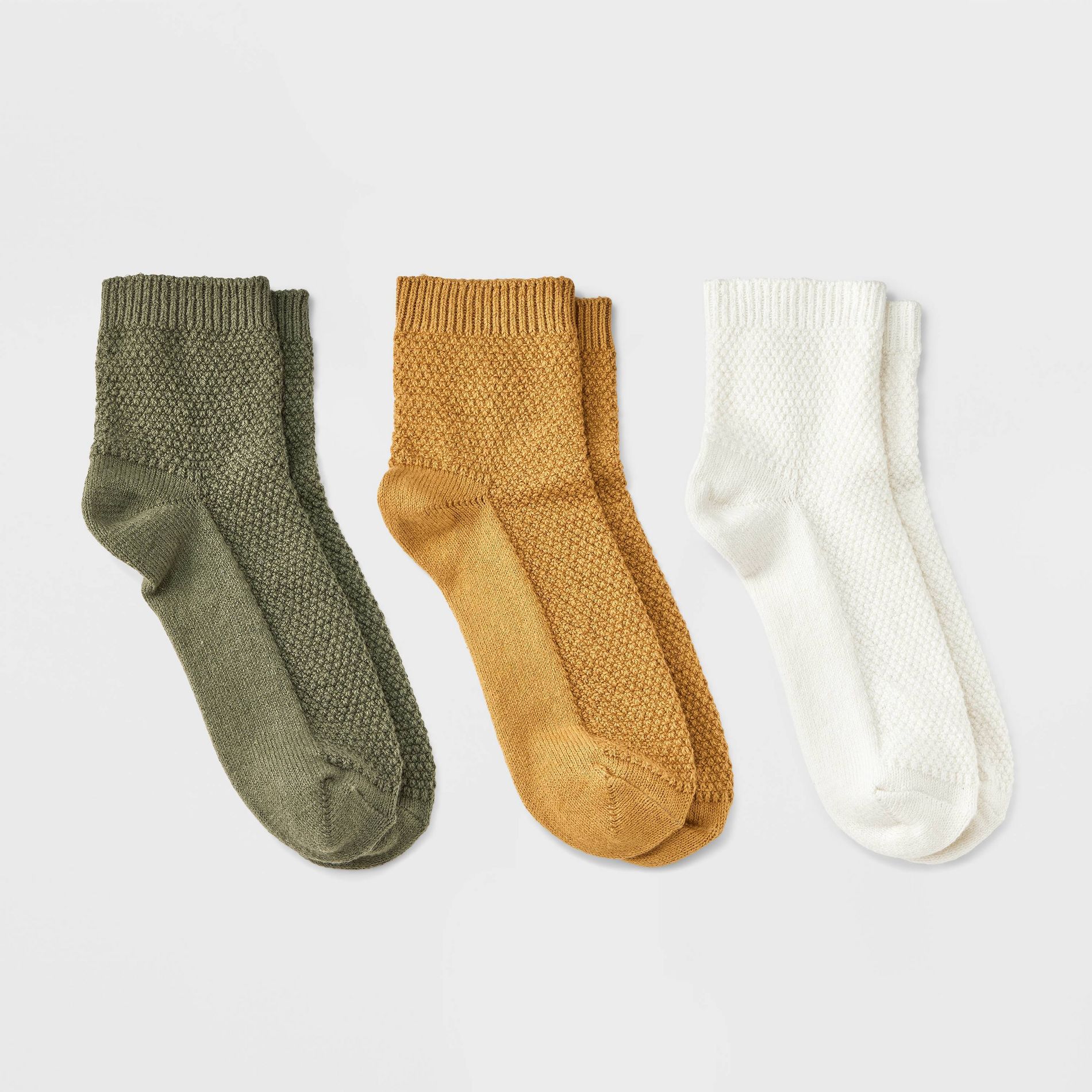 Women's Textured Stitch 3pk Ankle Socks - Universal Thread™ Ivory/Gold/Olive   4-10: Cotton Blend, Tagless, Smooth Toe Seams