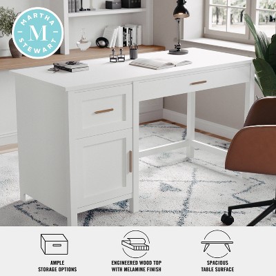 White Wood Home Office Desk with Brass Hardware and Storage