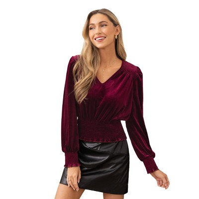 Women's Red Puff Long Sleeve Smocked Waist Blouse - Cupshe