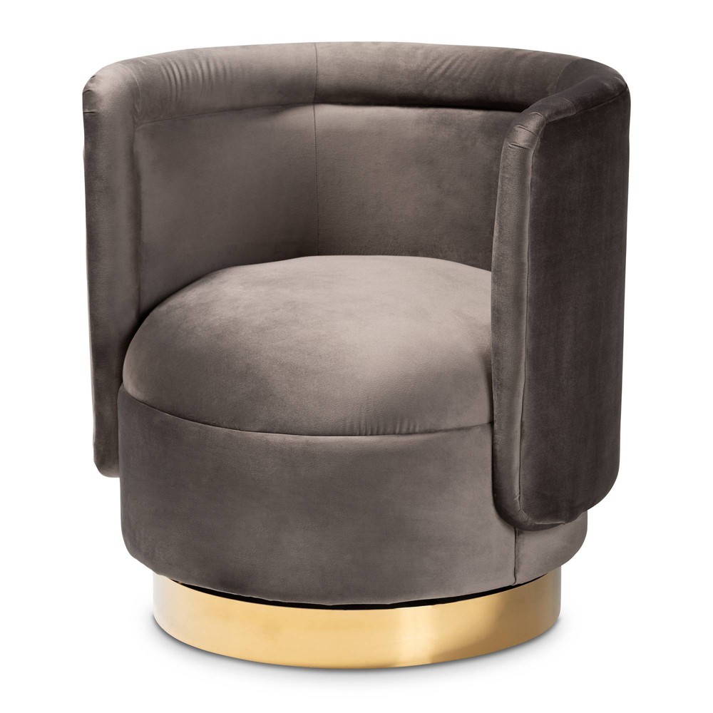 Photos - Chair Saffi Velvet Upholstered Swivel Accent  Gray/Gold - Baxton Studio