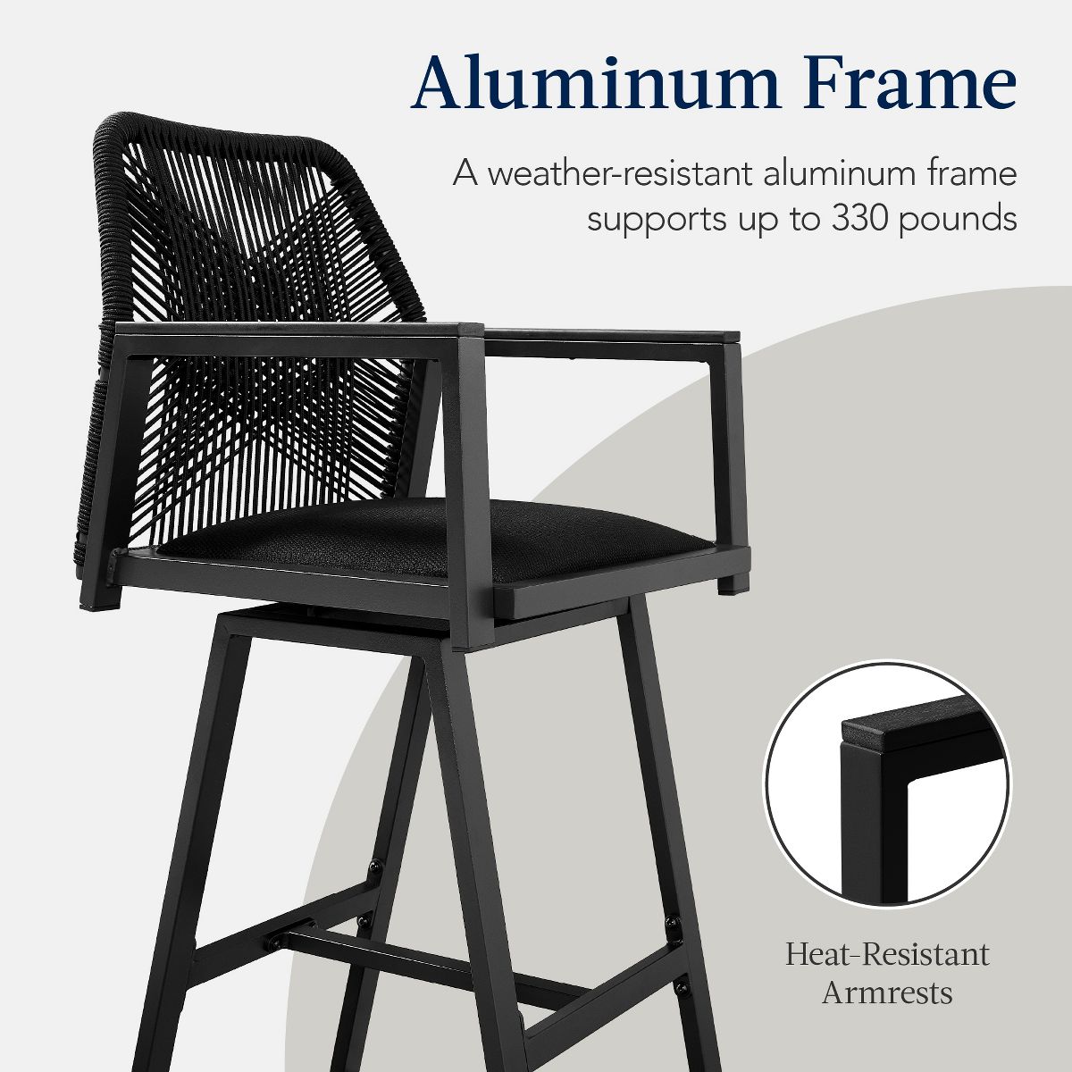 Best Choice Products Set of 2 Indoor/Outdoor Aluminum, Woven Rope Swivel Barstools w/ Armrests - Gray/Meteor - thumbnail 7