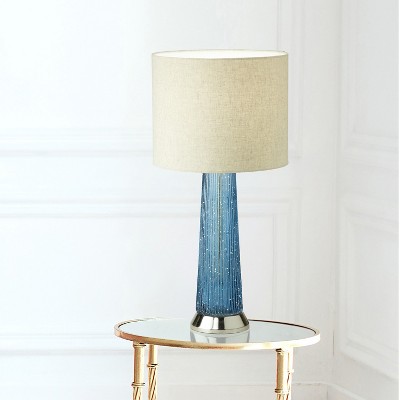 22" Blue Ribbed Glass and Beige Linen Shade Table Lamp
