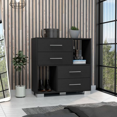 Depot E-Shop Dresser 35"H , Two Open Shelves, Four Drawers, Metal Handles