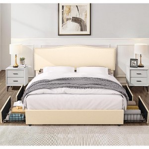 VECELO Upholstered Bed Frame Full/Queen Size Platform Bed Frame with Adjustable Headboard and Storage Drawers - 1 of 4