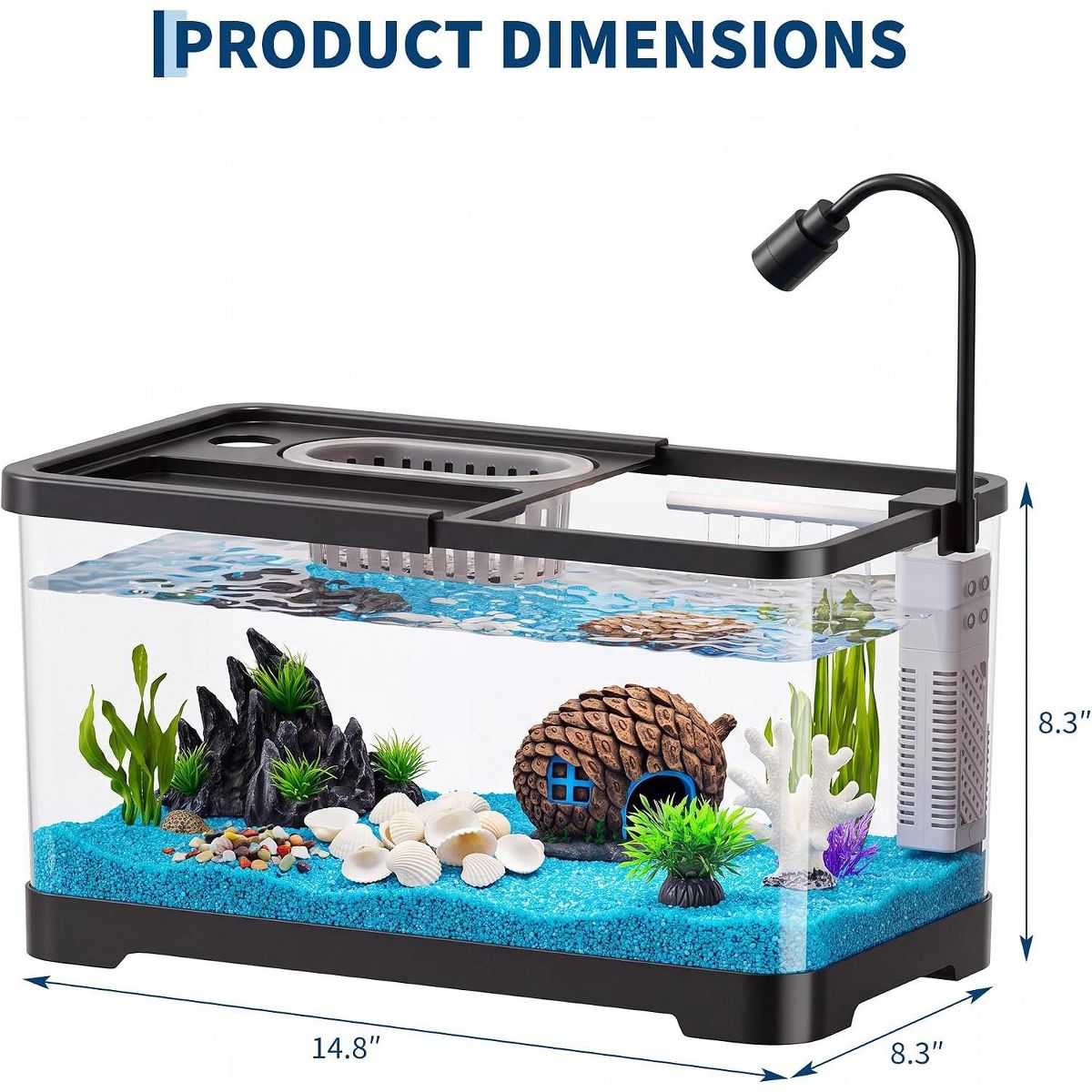 Small Plastic Fish Tank with Light & Filter, 8-Piece Kit, LED Light + Filter + Fish Net + Decor, for Desk Dorm Office - thumbnail 8
