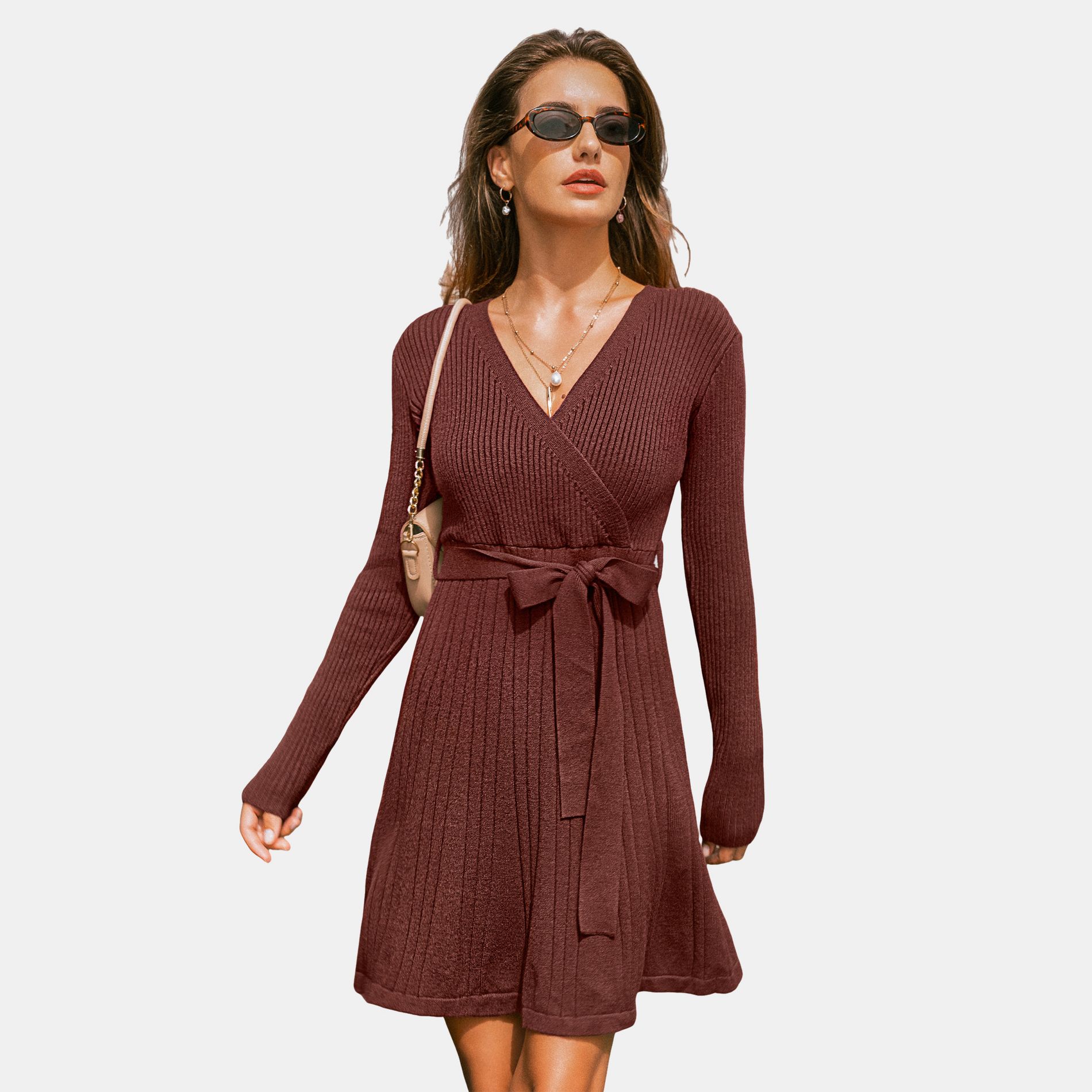 Women's Chic Ribbed Knit Mini Sweater Dress - Cupshe-XL-Brown