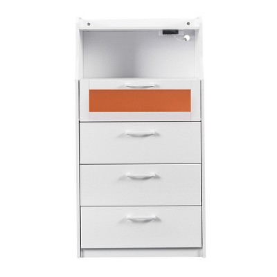 VECELO White Dresser 4 Drawers Tall Modern Makeup Vanity Table with LED Lights & Charging Station