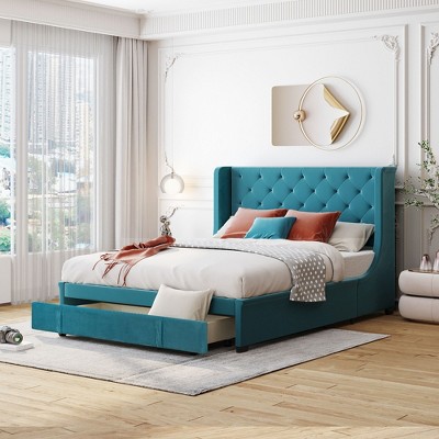 YOOCOZZ Queen Size Velvet Upholstered Platform Bed with Wingback Headboard and Storage Drawer