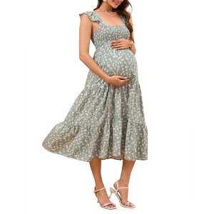 Womens Maternity Dress Summer Sleeveless Smocked Square Neck Ruffle Casual Boho Midi Dress Baby Shower Photoshoot - 1 of 4