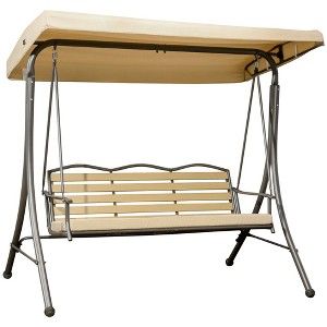 Outsunny 3-Seat Patio Swing Chair, Outdoor Canopy Swing Glider with Cushion, Adjustable Shade, and Slatted Design, for Porch, Garden, Poolside, Beige - 1 of 4