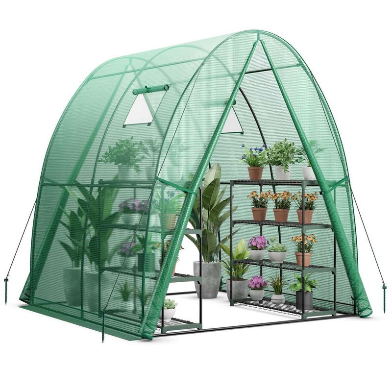 Costway Portable Greenhouse with 2 Zippered Doors 2 Roll-up Screen Windows 6 x 6 x 6.6 FT Green/White, 1 of 11