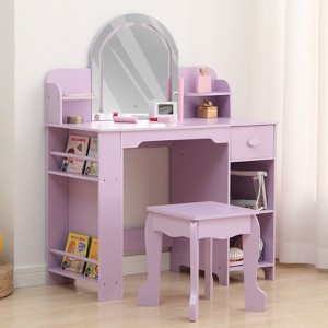 COZONY Kids Vanity Table Set with Mirror & Stool, Makeup Desk with Bookshelf, Drawer & Open Shelves - 1 of 4