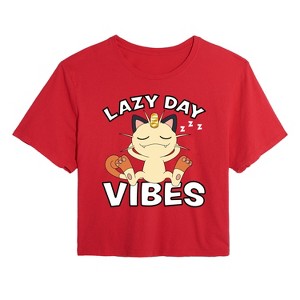 Women's - Pokémon - Lazy Day Vibes Meowth Cropped Graphic T-Shirt - 1 of 4