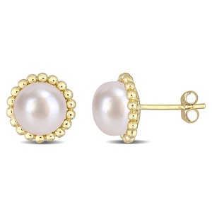 EVERLY JEWELRY | 10K Yellow Gold 8-8.5 mm Cultured Freshwater White Pearl Beaded Stud Earrings - 1 of 4