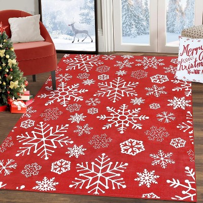 Modern Snowflake Washable Rug Non Slip Low Pile Rug Christmas Decorations Floor Cover Foldable Indoor Carpet for Living Room Bedroom Dining Room