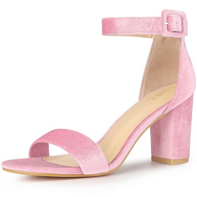 Perphy Women's Faux Velvet Ankle Buckle Strap High Chunky Heels Sandals