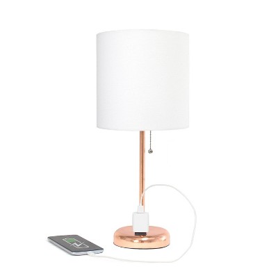 19.5" Rose Gold Metal Table Lamp with White Fabric Shade and Power Outlet
